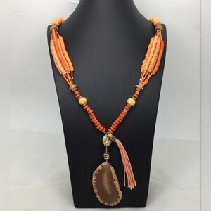 Chico's Shades Of Orange Agate Pendant Long Beaded Necklace 32" EUC